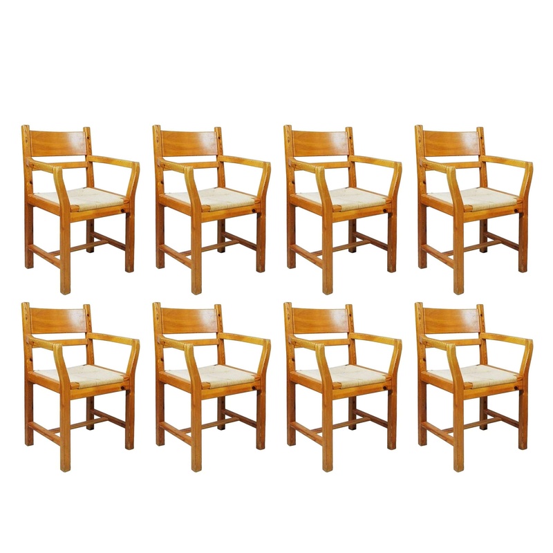 Set of eight pine dining danish chairs with Rope Seat 1980'