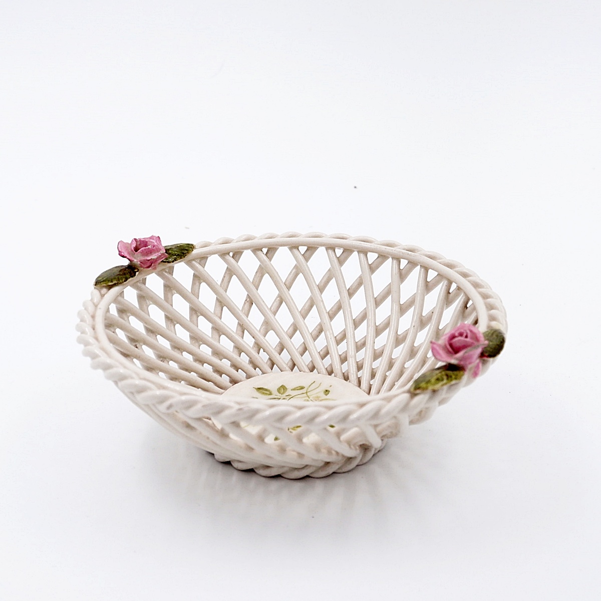 Capodimonte Porcelain Basket Woven Pink Flowers Italy