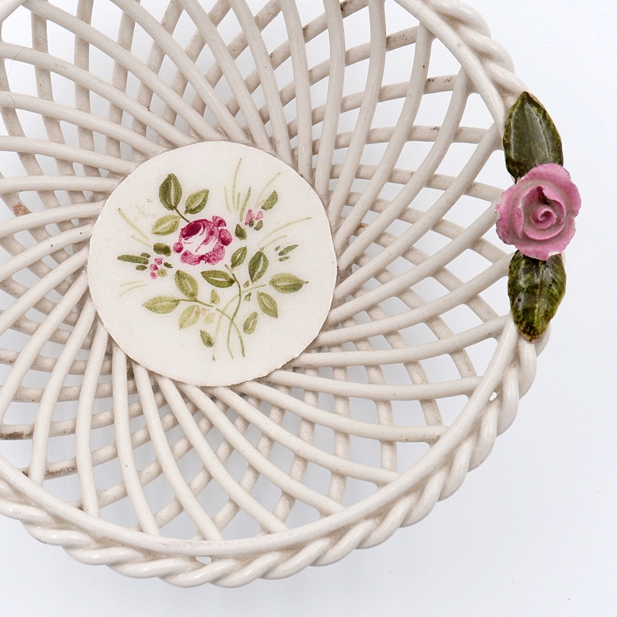 Capodimonte Porcelain Basket Woven Pink Flowers Italy