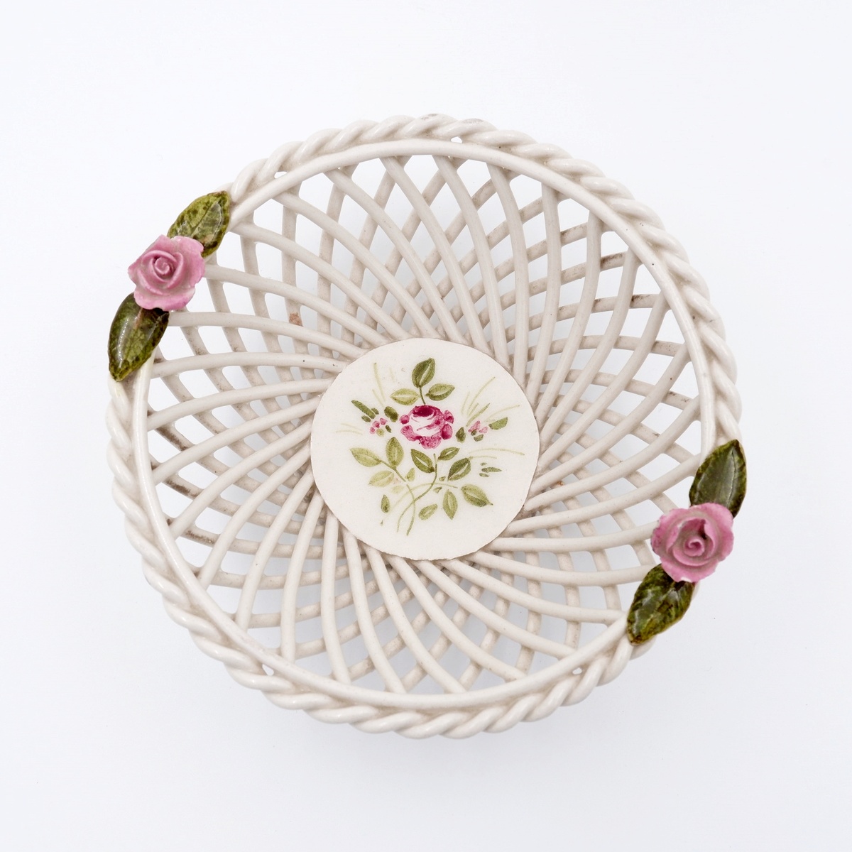 Capodimonte Porcelain Basket Woven Pink Flowers Italy