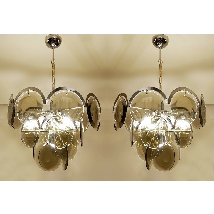 Pair of Vistosi Smoked Glass Disc Chrome Chandeliers, Italy, 1970s