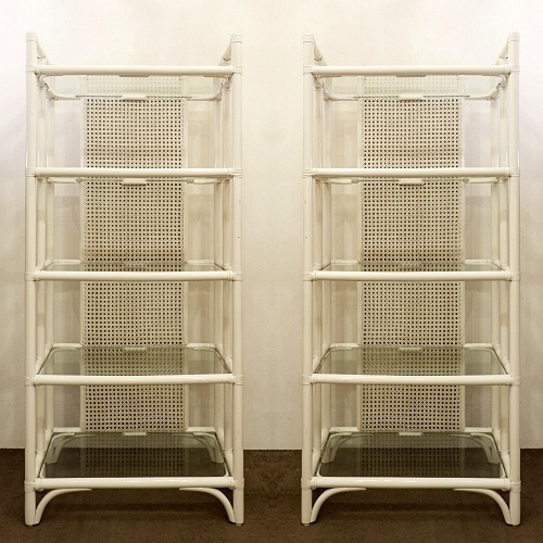 Pair of Lacquered canework shelves, Bamboo and Glass, 1980s - Italy