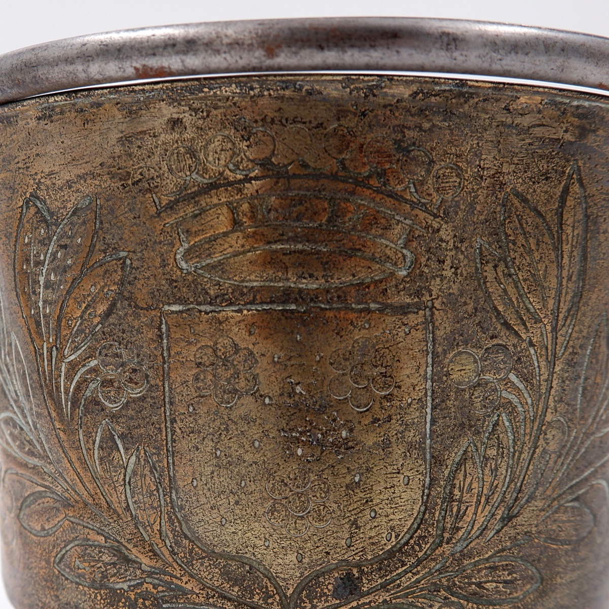 Small embossed copper cauldron with the 