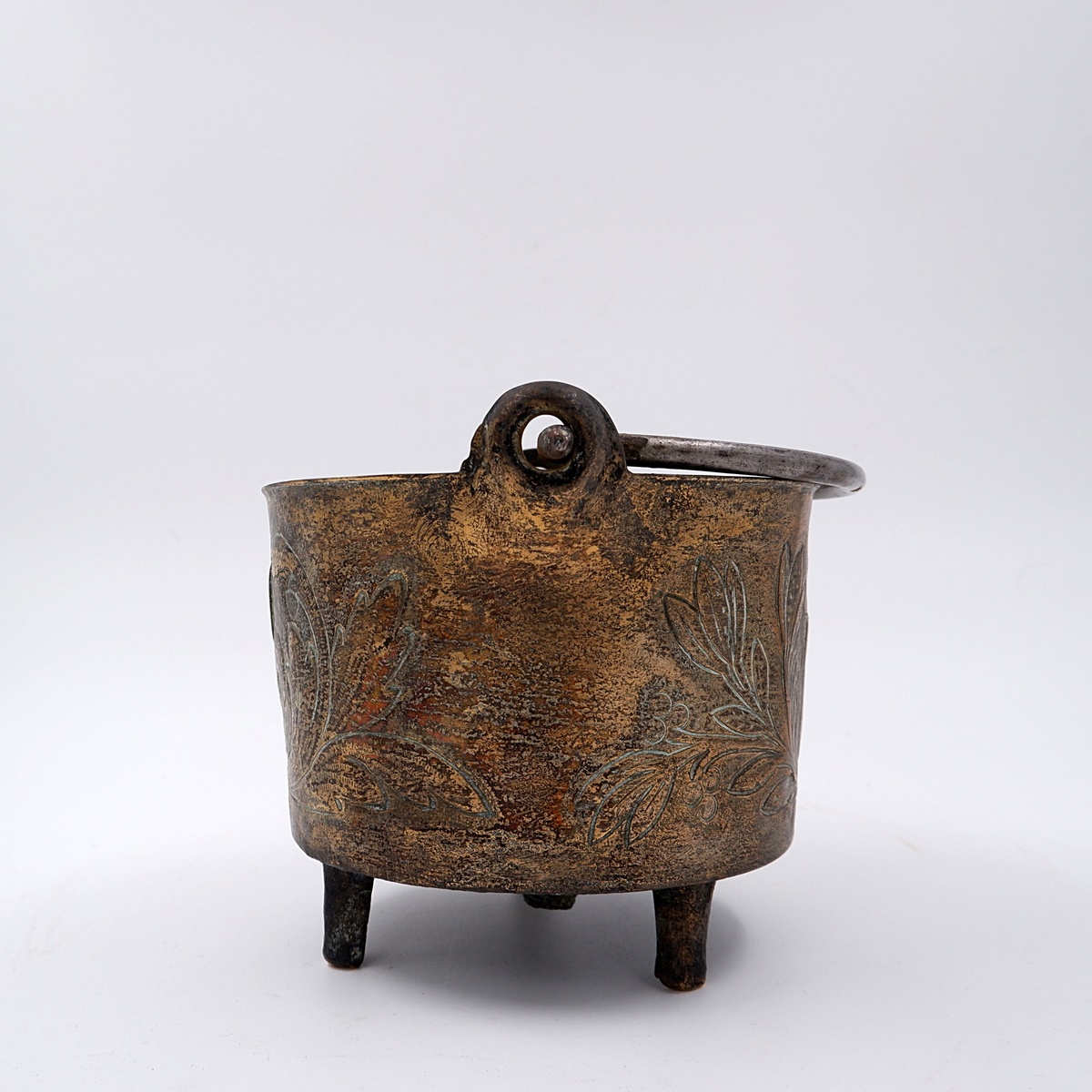 Small embossed copper cauldron with the 