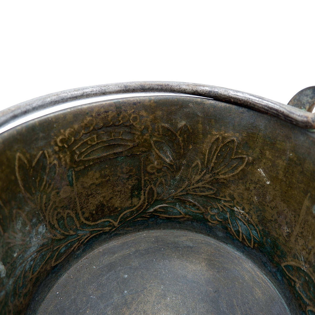 Small embossed copper cauldron with the 