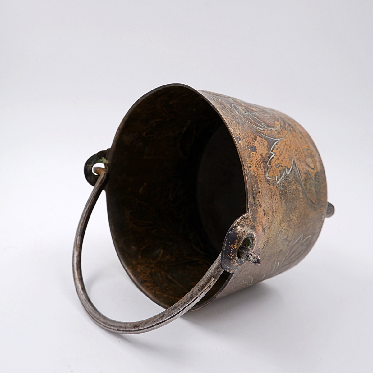 Small embossed copper cauldron with the 