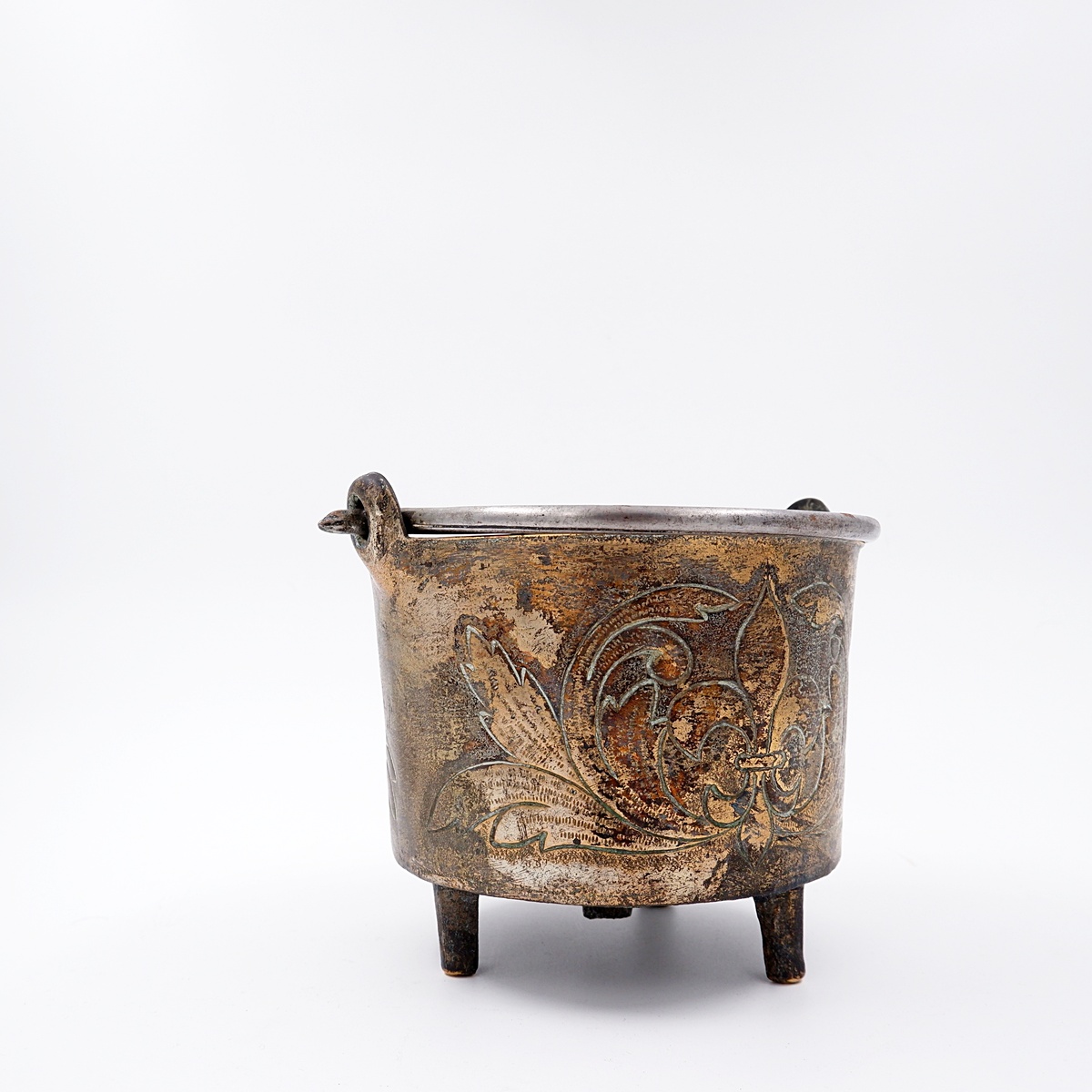 Small embossed copper cauldron with the 