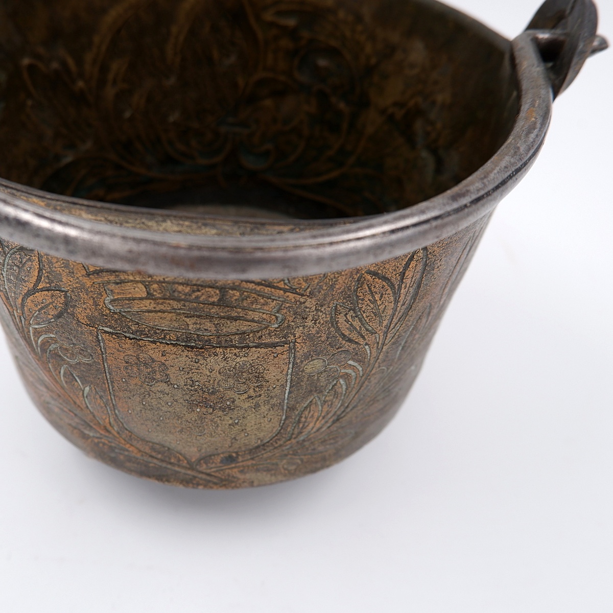 Small embossed copper cauldron with the 
