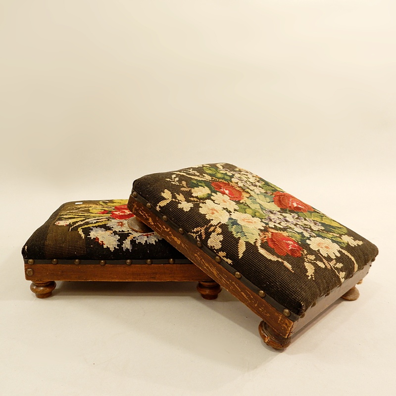Pair of vintage footrests or stools in wood and floral embroidery