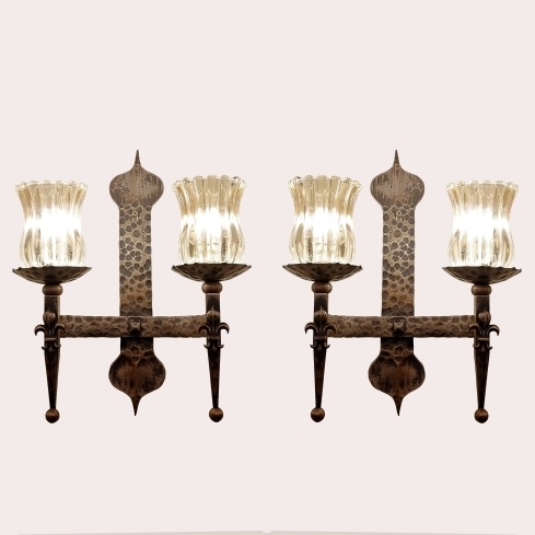 Pair of wrought iron 2 branch wall sconces