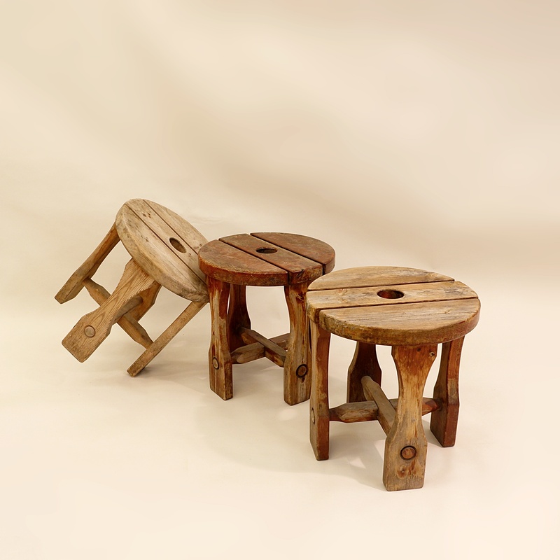 Set of 3 pine stools designed and produced in Sweden, 1940s
