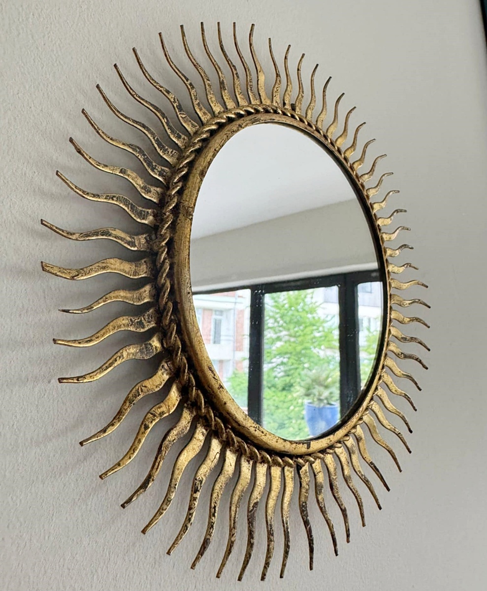 20th Century Small Gold wrought iron Sun Mirror Ø 24cm