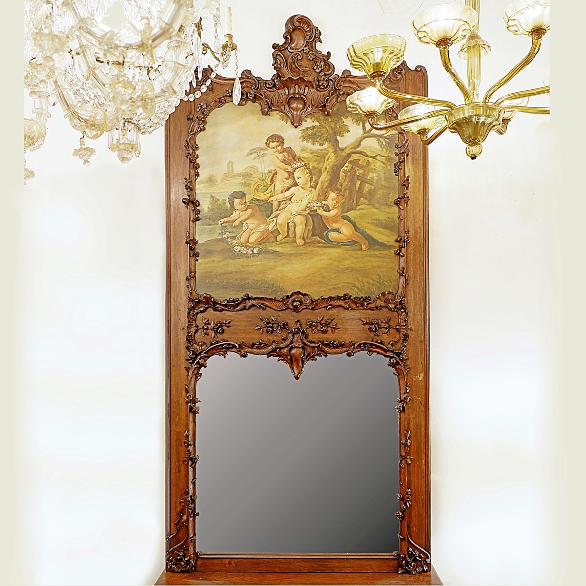 Large 19th-century Louis XV style trumeau in solid carved wood