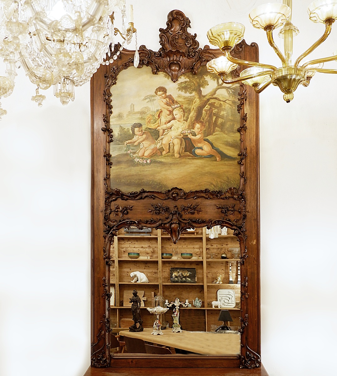 Large 19th-century Louis XV style trumeau in solid carved wood